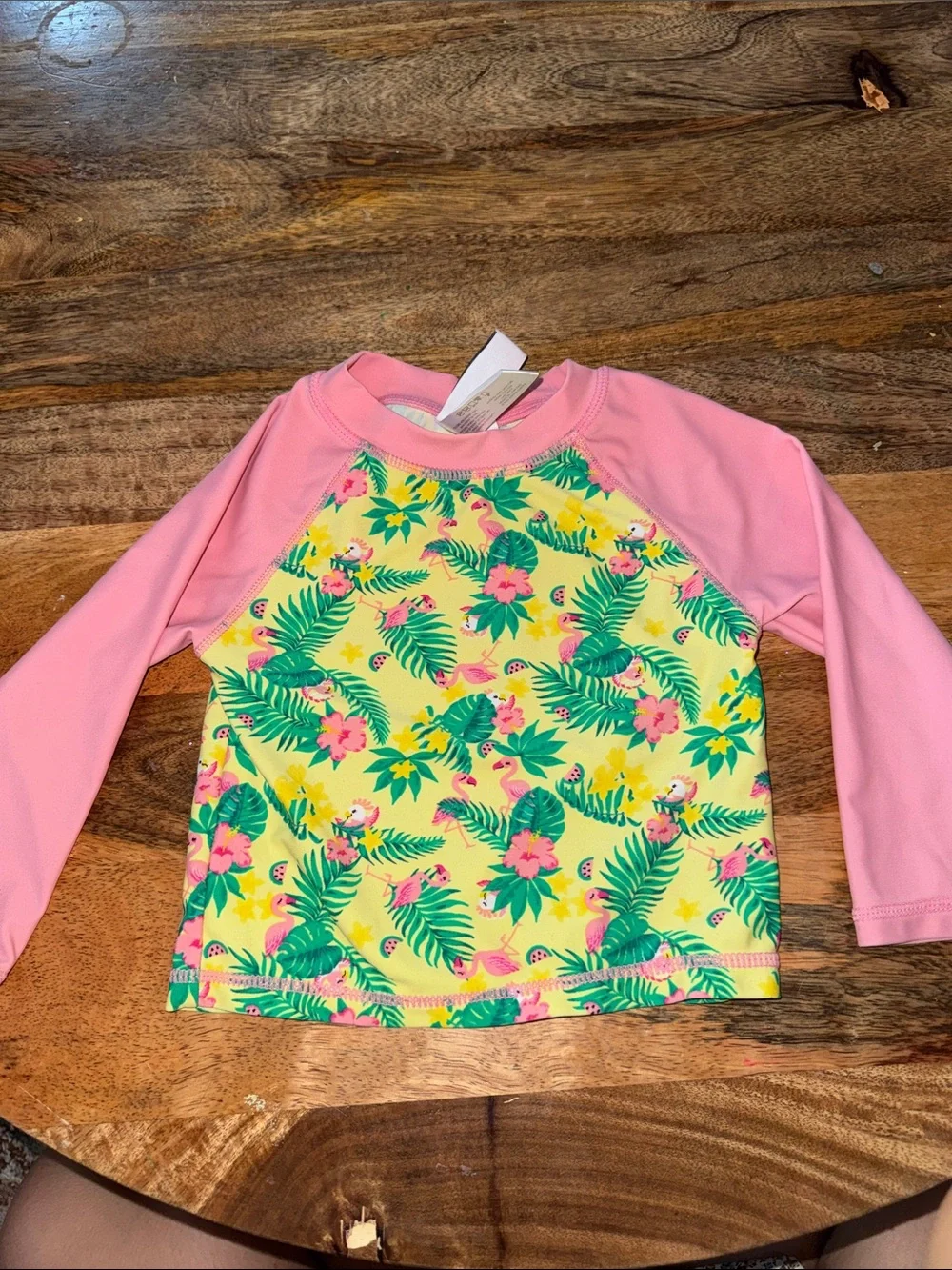 Ingear Pink-Sleeve Yellow Tropical Print Rash Guard Swim Top
